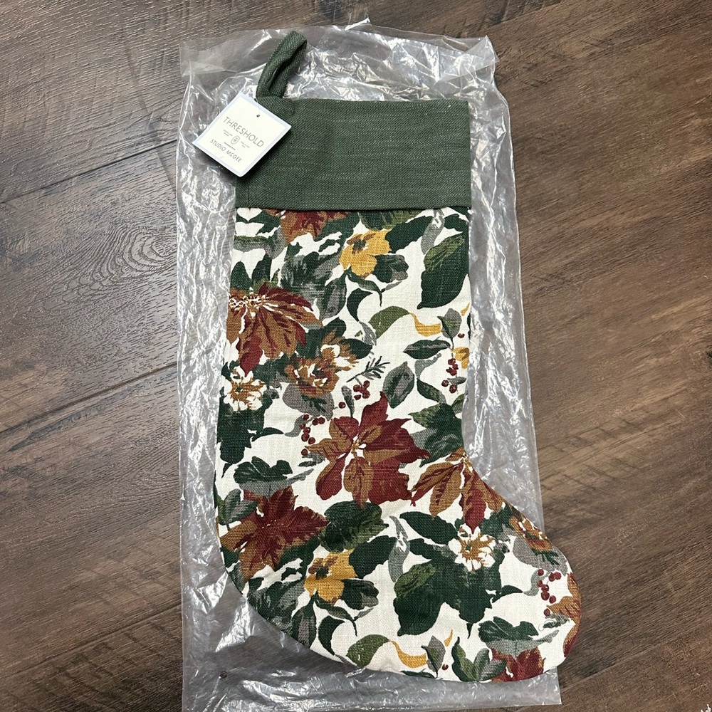 Studio McGee Floral Holiday Stocking - Green, Burgundy Red, Gold